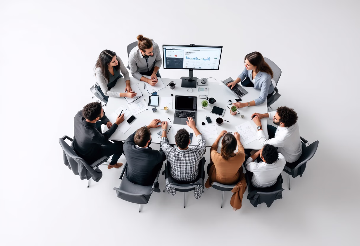 busy office with team collaborating (for a fintech company)